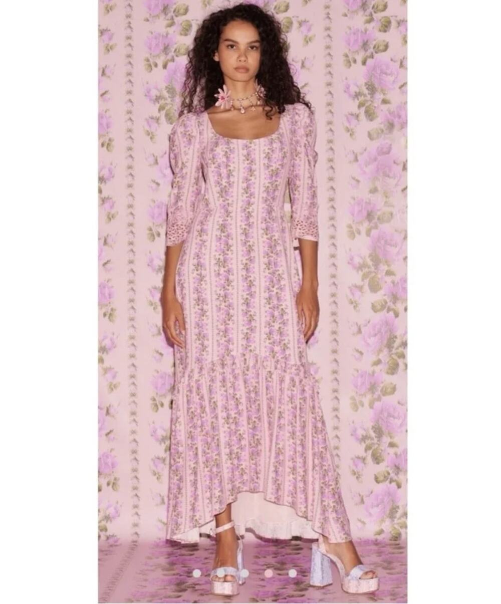 NEW LoveShackFancy Pip Dress Womens 6 Blushing Pink Floral Maxi Embroidered